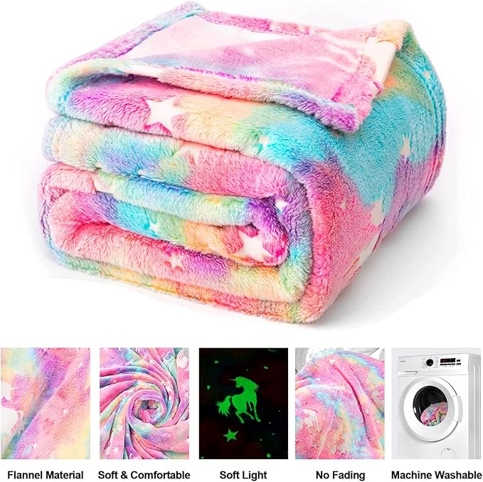 TEHALK Unicorn Glow in The Dark Blanket for Girls/Kids, 60% Polyester/40% Flannel, 40"x60", Pink, Cartoon Unicorn with Star