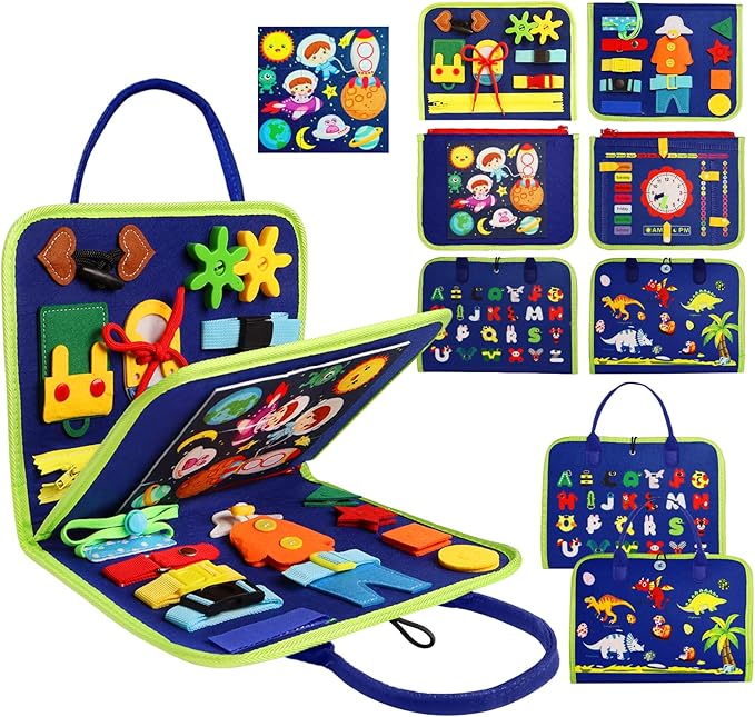 MAJAVI Busy Board Montessori Toys for 1 2 3 4 Year Old, Busy Book for Toddlers 1-3 Boys Girls Birthday Gifts, Sensory Educational Activities Travel Toys for Learning Fine Motor Skills, Blue-3 Pages