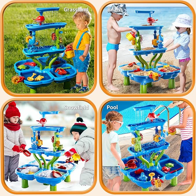 4 -Tier Kids Water Play Table for Kids Toddlers 3-5 4-8, Sand and Water Table with Rich Activity Set, Water and Sand Sensory Activity Play Table Summer Beach Outdoor Indoor Toys for 3 4 5 6 7 8