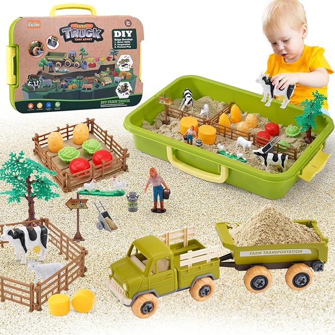 Play Sand Farm Toys, Farm Sensory Bins with 2.2lb Play Sand, Animal, Take Apart Truck Trailer Playset, Creativity Sandbox Toys with Lid for Kids 3 4 5 6 Years Old