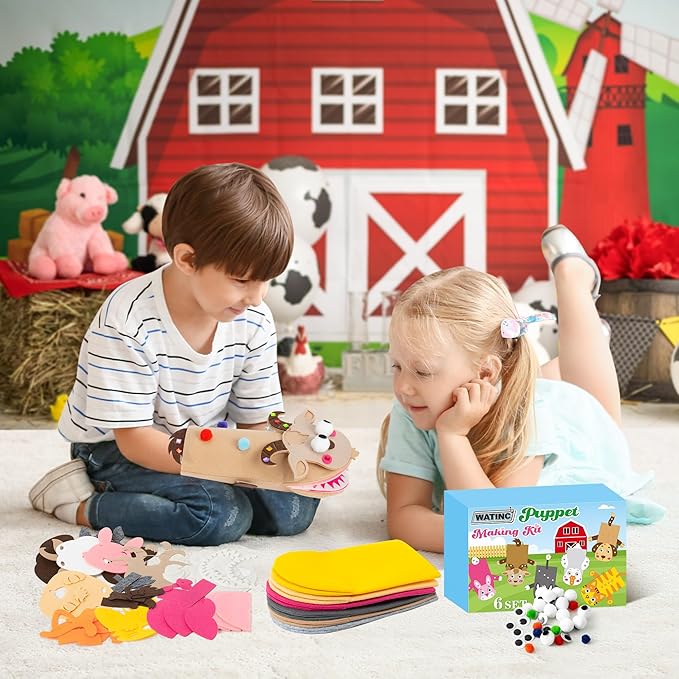 WATINC 6Pcs Hand Puppet Making Kit, Art Craft Felt Sock Puppet Toys, Creative DIY Make Your Own Pompoms Wiggle Googly Eyes Storytelling Role Play Party Supplies Gift for Girls Boys (Farm Animals B)
