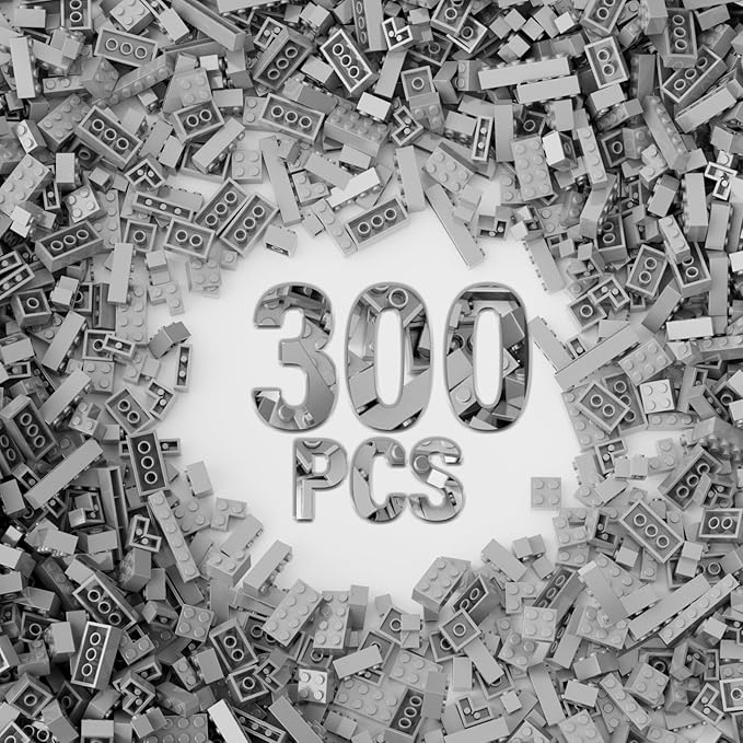 300Pcs Building Brick Bulk, Light Gray Bulk Bricks with 5 Sizes, Compatible with Lego and Parts and Pieces, Creative Halloween Christmas Building Block Toys for Boys Girls Ages 6 7 8 9 10 Years Old