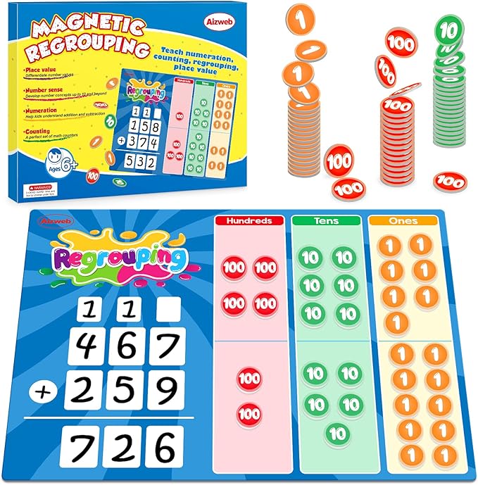 Aizweb Regrouping Base Ten Place Value,Addition and Subtraction Math Manipulatives,Magnetic Dry Erase Board for 1st 2nd 3rd Grade Student Classroom Must Haves,Math Games for Kids Homeschool Supplies