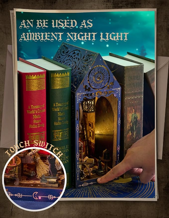 DIY Book Nook Kit,Magic Dollhouse Kit DIY Miniature House Kit for Adults Teens,Booknook Bookend Bookshelf Decor,3D Wooden Puzzle with LED & Dust Cover,Easter Halloween Home Decor Birthday Gifts