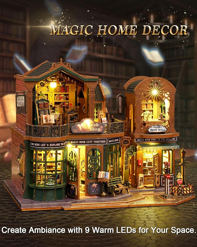 Miniature House Kit Bookstore, DIY Mini House Building Kit, Miniature Kit for Adults with Furniture and LEDs, Great Gift for Teens and Christmas Decor (Twilight Book City)