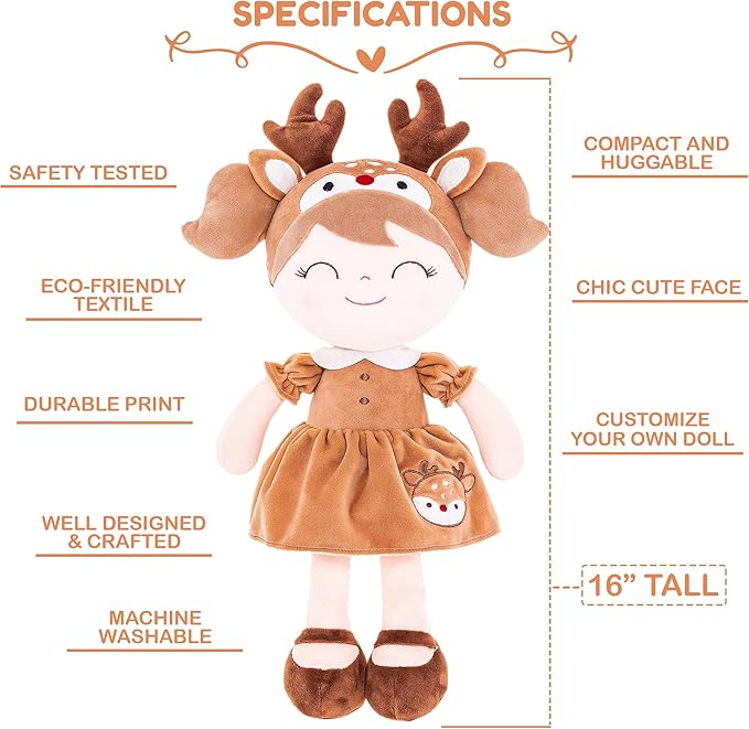 Gloveleya Personalized Doll with Your Name - Cute Brown Deer Custom Soft Plush Doll for Girls Plush Doll Customized Gifts - Muñecas de Trapo Personalizadas para Niñas