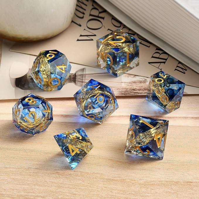 Magic Golden Ring DND Set DNDND Swirl Sharp Edge D&D Dice Set with Gift Case for Dungeins and Dragons Role Playing Game (Blue)
