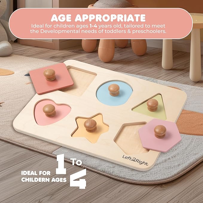 LEFT2RIGHT Wooden Puzzles for Toddlers 2-4 | Montessori Toys for 1-4 Year Olds | Educational Shape Edition Puzzle for Motor Skills & Sensory Learning | Wooden Toddler Puzzles Ages 1-3 Shape Edition
