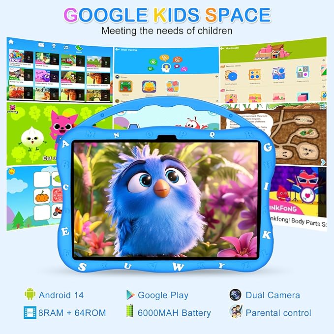Kids Tablet, 10.1 inch Tablet for Kids 3-10, Educational Learning Toddler Tablet Android 14, 8GB RAM+64GB ROM Storage, 5G WiFi, Baby Girl boy Gift (Blue)
