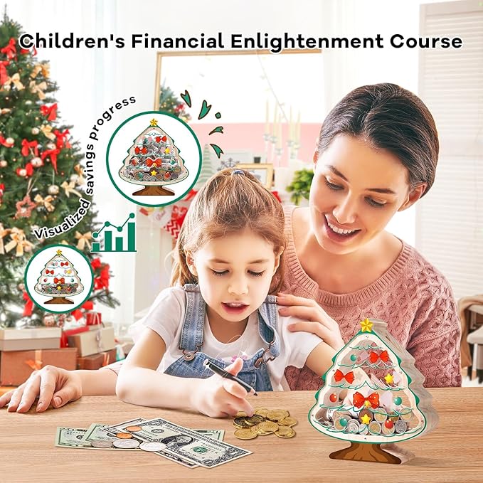 Wooden Christmas Piggy Bank for Kids, Christmas Tree Piggy Bank with Acrylic Panels, Unbreakable Toddler Money Box for Boys Girls, DIY Safe Coin Bank with Letter Sticker, Christmas, Birthday Gift
