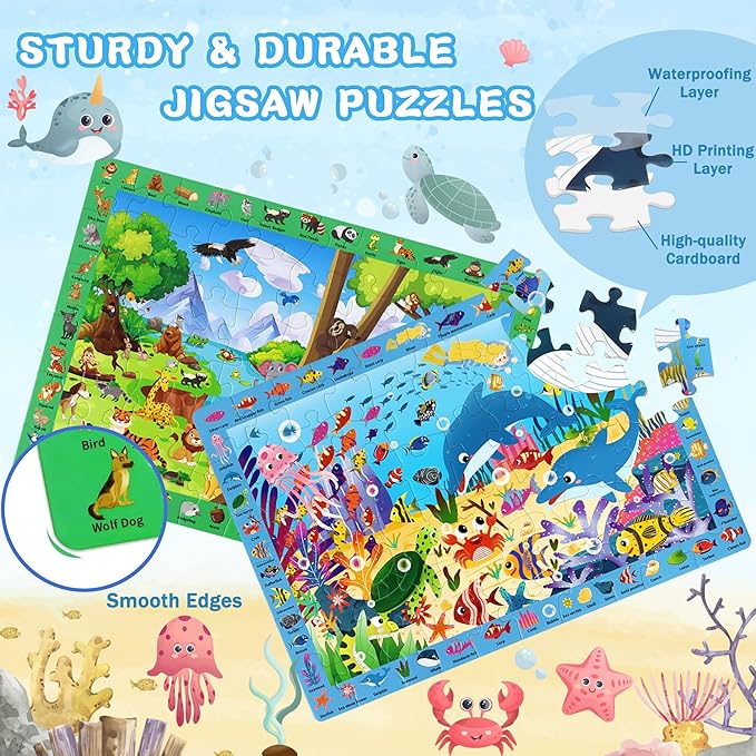 4 Pack Search and Find Puzzles for Kids Ages 4-6 6-8 8-10, Space Forest Ocean Amusement Park Kids Puzzles, 60 Pieces Jigsaw Puzzle for Adults Kids Learning Puzzle Toys Gifts for Girls Boys(14x10 inch)