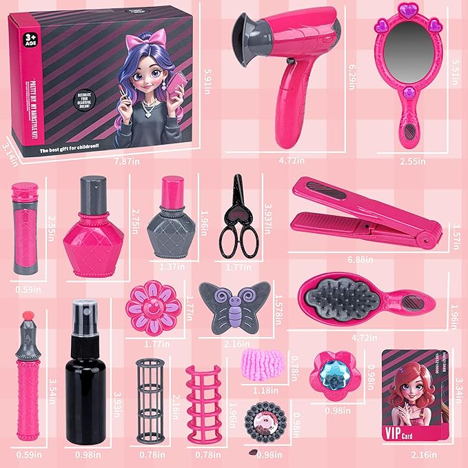Beauty Hair Salon Playset, 22 Piece Hair Stylist Toy Kit with with Makeup Accessories & Hair Dryer, Pretend Play Set, Christmas & Birthday Gift for Girls