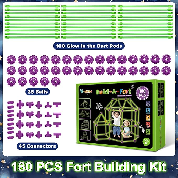 V-Opitos 180 Pack Glow in The Dart Fort Building Kits for Kids Age 4, 5, 6, 7, 8+ Years Old, STEM Building Toys for DIY Castles, Tunnels, Ideal Christmas, Birthday Gifts for Boys & Girls