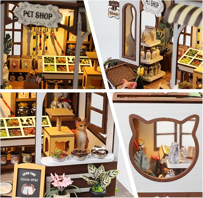 DIY Miniature House Kit,Pet Shop Dollhouse Miniature Kit with LED & Furniture,Mini Diorama House Building Kit for Adults Teens,3D Wooden Crafts Tiny House Mini Model Kit,Home Decor Birthday Gifts