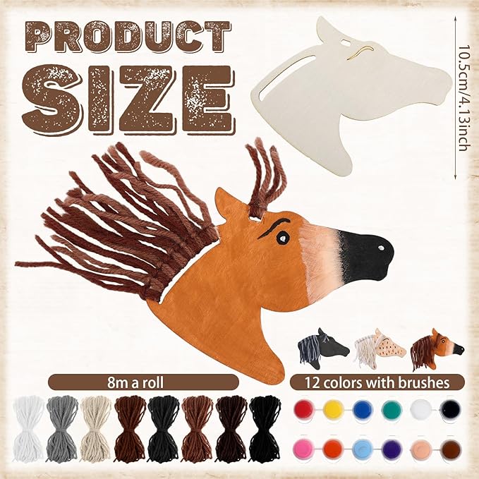 Geelin 24 Pcs Christmas Wooden Horse Craft Western Ornament Unfinished Wooden Cutouts Horse Painting Kit Unicorn Ornament DIY Cowboy Craft Paint Your Own Art for Christmas Party Favors(Classic)