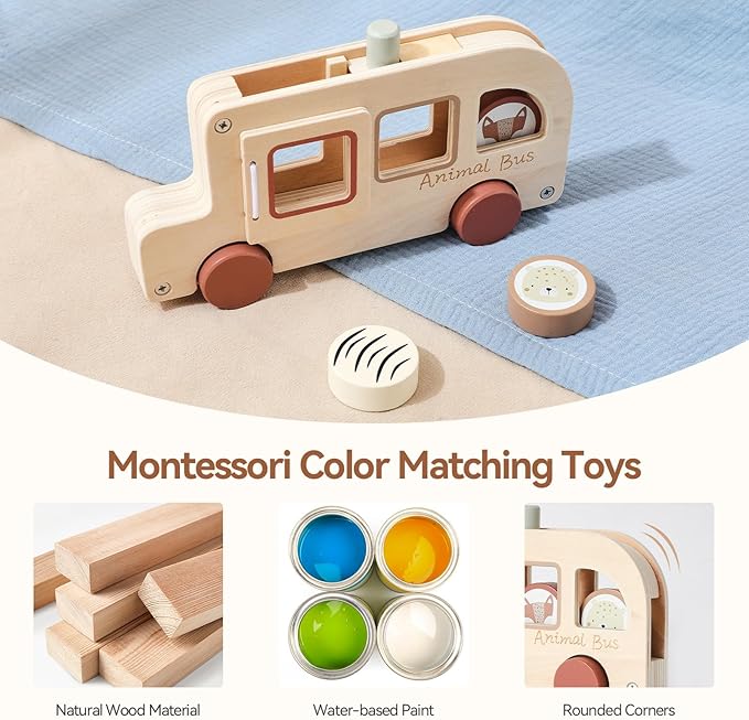 Wooden Animal Bus Toy with 3 Removable Animal - Shaped Discs, Designed with Pop Up, Roll and Ride Toy for Toddler Aged 3 Years and Up, Interactive Montessori Educational Toy for Toddlers' Daily Play