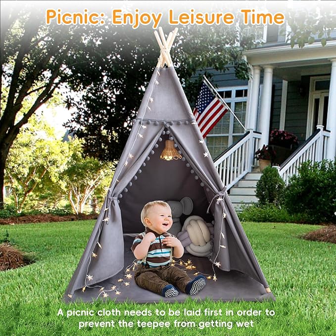 Teepee Tent for Kids with Mat, Star Lights, Carry Case, Cotton Canvas Playhouse, Foldable Tents, Portable Children Play Tent Indoor Outdoor(Grey)