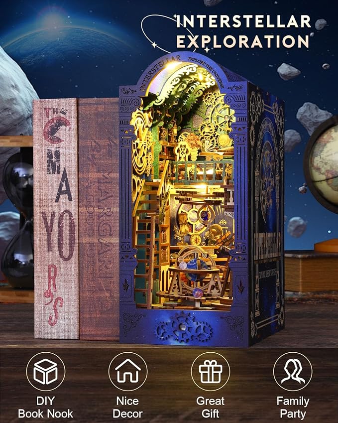 Book Nook Kit Interstellar, DIY Booknooks Kit for Adults Teens with Sensor Lights, Bookshelf Diorama Miniature Scenes Insert Decor, 3D Wooden Puzzle Miniature House Kit Gifts
