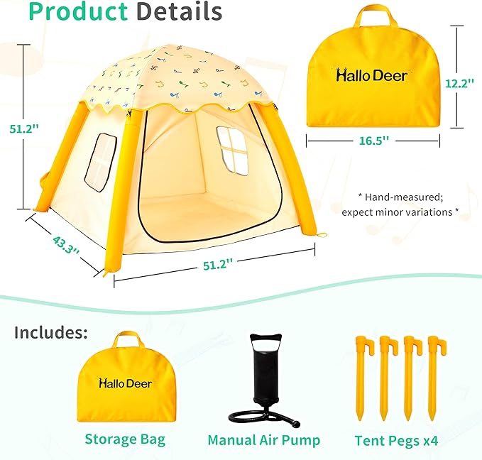 HalloDeer Kids Play Tent, Inflatable Toddler Tent Dome for Boys & Girls, Indoor Kids Tents, Portable Foldable Playhouse for Outdoor, 51x51x43 in, Yellow