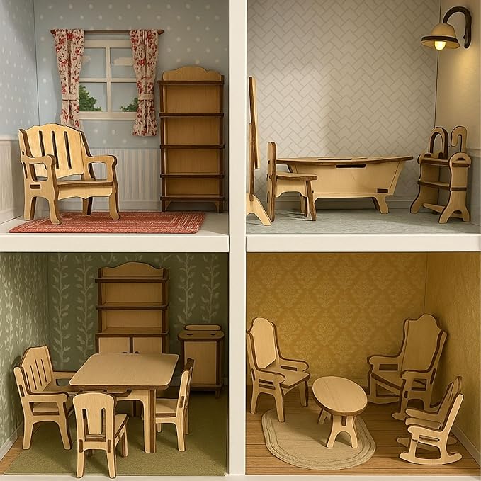 LOVEINUSA DIY Wooden Dollhouse Furniture Set, 3D Puzzle Miniature Room Accessories, Natural Wood