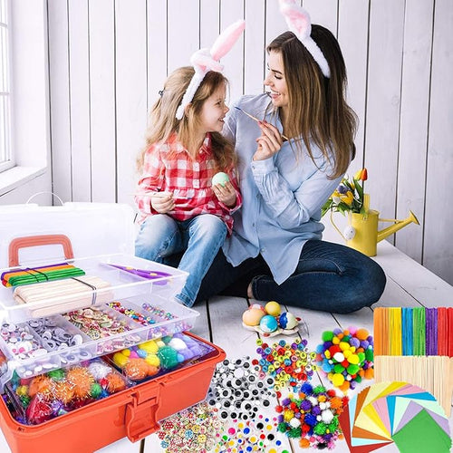 1405 Pcs Art and Craft Supplies for Boys and Girls, Toddler DIY Craft Art Supply Set Included Pipe Cleaners, Pom Poms, Feather, Folding Storage Box - All in One for Craft DIY Art Supplies(Orange)