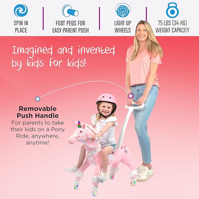 Power Pony Ride On Unicorn Riding Toy for 2+ Kids - Power Ponies Push Pull Kids Ride On Pony for Toddlers with A Removable Parent - Controlled Push Handle for Easy Rides, Pink, Grace