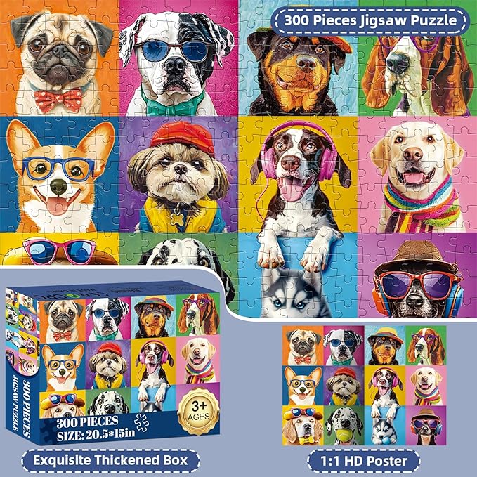 300 Pieces Puzzles for Adults,Large Pieces Multicolor Dogs Puzzle for Kids Teens Seniors,Funny Puppy Theme Jigsaw Puzzles for Kids Ages 8-10 8-12 10-12,Puzzles for Family Game Nights,20.5 x 15 in