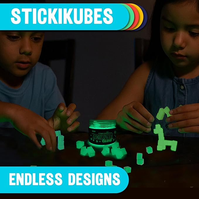 KOMARC GAMES StickiKubes, Mini Stacking Cubes That Stick to Anything, Non Toxic Kid Safe Sticky Blocks, Creative Construction Toy - 125 Cubes, Glow in The Dark, Tub