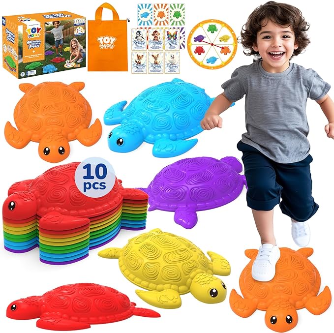 TOY Life 10 Pcs Turtle Balance Stepping Stone for Kids, Indoor Outside Toys for Kids Ages 4-8, Toddler Outdoor Toys, Stepping Stones Game, with Cards and Spinner
