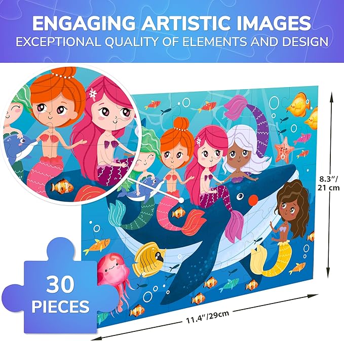 QUOKKA Puzzles for Kids Ages 3-5 - 30 Pieces Puzzles for Toddlers 2-4 - Mermaids Learning Jigsaw Puzzles for Kids 4-6 Years Old - Educational Toys for Boy and Girl