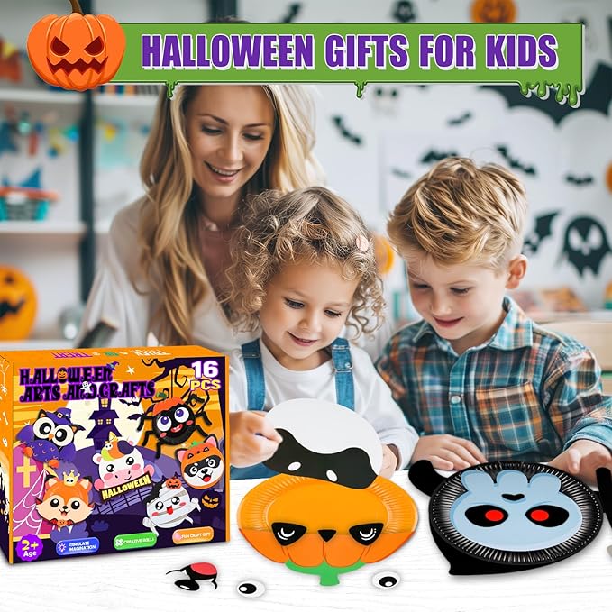 16 Pack Arts and Crafts for Kids, Toddler Crafts Animal Paper Plate Art Kit Gift for 3 4 5 6 Year Old Boys Girls DIY Kids for Birthday Party Favor Preschool Classroom Party Games (Halloween)
