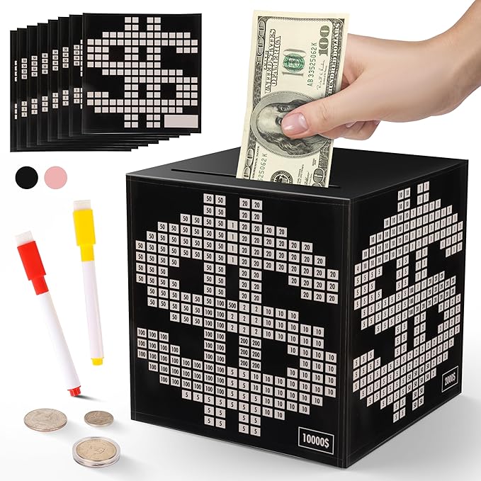 Primo Lines Piggy Bank for Adults Must Break to Open, with Savings Counter & Goal Tracker, Unbreakable Stainless Steel Money Box for 10K Challenge $3000 $5000, Kakeibo(4.72 Inch)