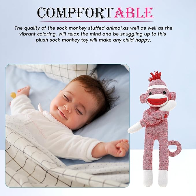 Adorable Sock Monkey, The Original Traditional Hand Knitted Stuffed Animal Toy Gift-for Kids, Babies, Teens, Girls and Boys Baby Doll Present Puppet (20" Pink)