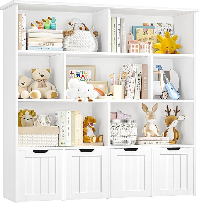 FINETONES Toy Storage Organizer, Kids Bookshelf with 4 Movable Chests and 7 Storage Cubes, Toy Chest Storage with Hidden Wheels, Toy Organizers and Toy Storage, White