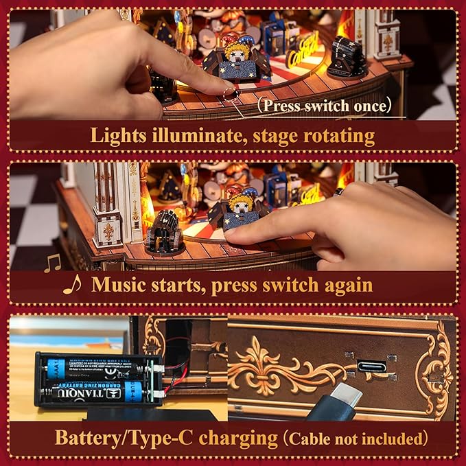 CUTEBEE 3D Puzzles Wooden Theater for Adults - DIY Music Box Rotating Miniature House Kit Model Building Set with LED Light, Home Bookshelf Decor, Unique Birthday Gifts (Animal Carnival)