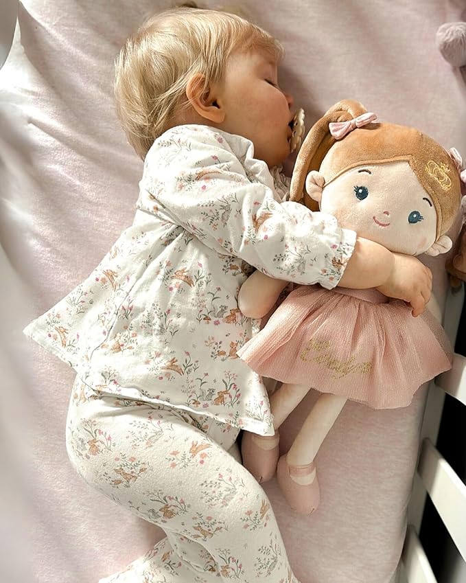 LeyaDoll Personalized Soft Baby Doll Toys for Girls (16''), My First Christmas Dolls, Leya Doll Baby Rag Doll Plush Toys for Toddler Kids Infants -Princess-Coral