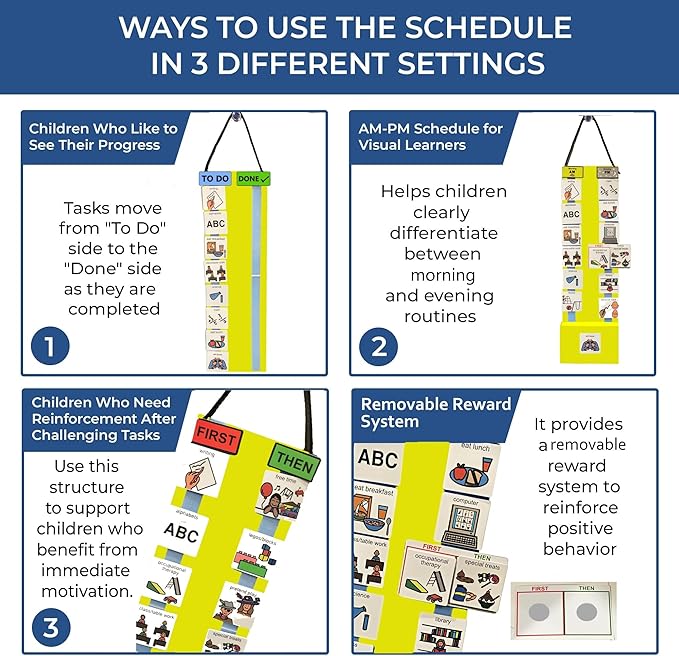 Two Strip Night & Day Daily Schedule Great Visual Behavioral Tool for Structure at Home, School & in The Community. (Yellow Magnetic -2 Strips, 133 Icon Plastic Cards)
