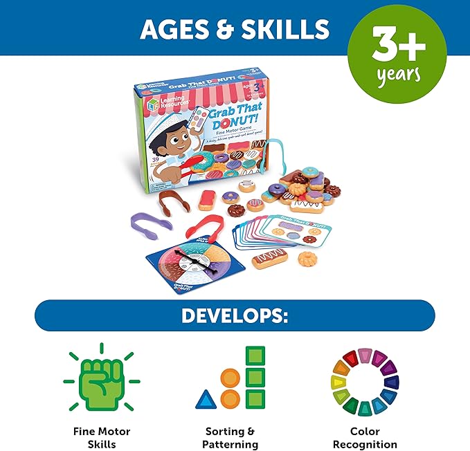 Learning Resources Grab That Donut! Fine Motor Game - Toddler Food Bakery Toys, Board Games, Color Sorting, Gifts for Boys and Girls, Hand Eye Coordination, Preschool Sensory Activities