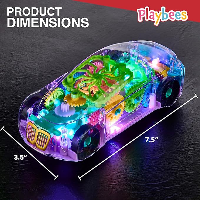 Playbees Light-Up Transparent Car Toy, Toys for Autistic Kids Ages 3-5 Sensory Toy for Kids with Autism Special Needs Toys, Bump and Go Toys for Toddlers Music and LED Effects Great Gift Idea
