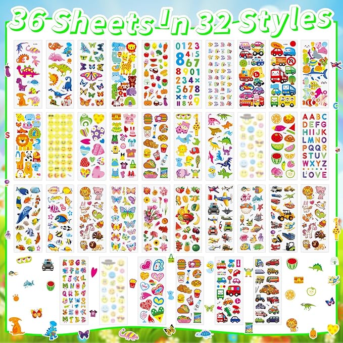36 Sheets Mixed Stickers for Kids - 900+ 3D Puffy Stickers Variety Pack | Animals, Vehicles, Food, Letters, Dinosaurs | Reusable, Waterproof | Crafts, Scrapbooking, Gifts
