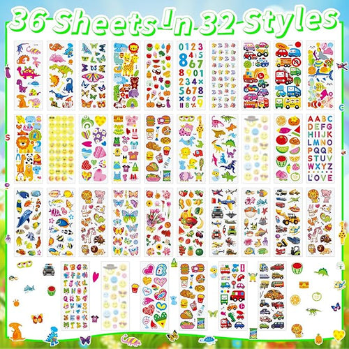 36 Sheets Mixed Stickers for Kids - 900+ 3D Puffy Stickers Variety Pack | Animals, Vehicles, Food, Letters, Dinosaurs | Reusable, Waterproof | Crafts, Scrapbooking, Gifts