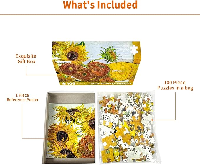 100 Piece Puzzles for Kids Sunflowers by Vincent Van Gogh Puzzle Famous Oil Painting 100 Pieces Puzzles for Adults Seniors Elderly Classic Art Puzzles 100 Piece for Kids Ages 6-10