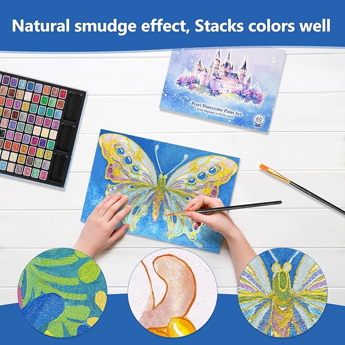 Mini Glitter Watercolor Paint Set with Paper, 108 Colors Shimmer Metallic Watercolour Painting Sets, Solid Pearl Water Color Paints for Adult, Kids, 1ml Trial Package(1ml 108 Colors)