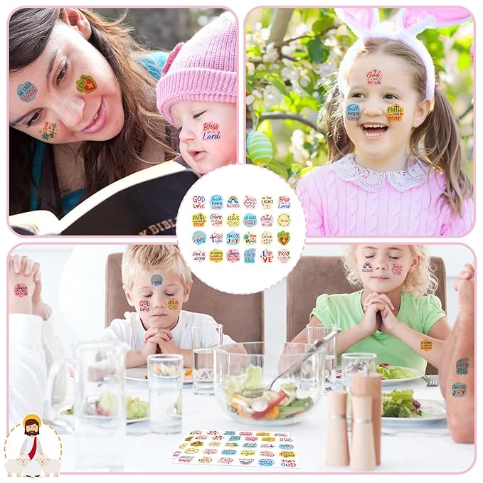 Landhoow 240 Pcs Religious Christian Tattoos Temporary for Kids Glitter Face Tattoos Cool Body Sticker Costume Accessory for Adults Boys Girls Party Favor