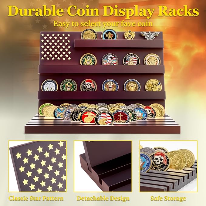 Challenge Coin Display Stand - 11 Rows Military Coins Holder Rack, Wooden Coin Collection Case for Table Top Display