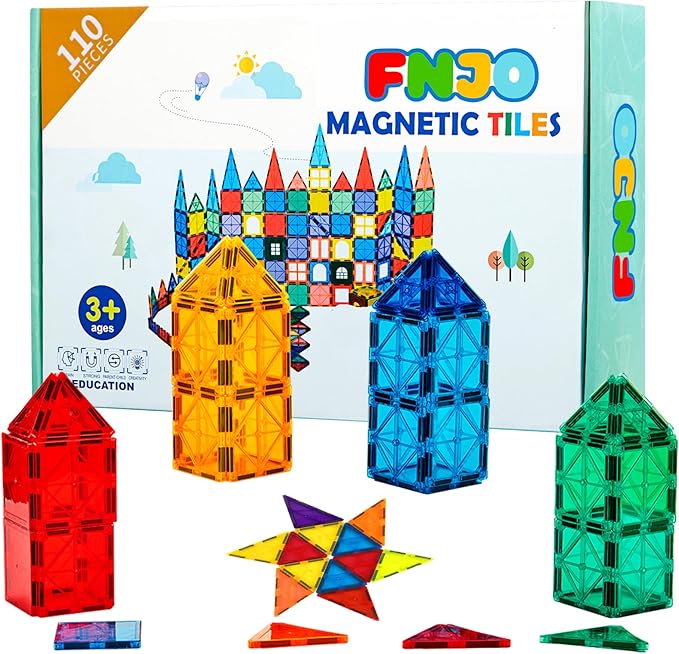 FNJO Magnetic Tiles, 110PCS Magnet Building Set, Magnetic Building Blocks,Construction STEM Learning and Playing Toys for Kids, Montessori Toy for Preschool Boys Girls Toddlers Classroom Must-Haves