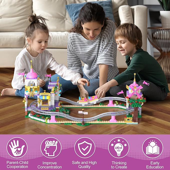 Castle Roller Coaster Building Set, STEM Amusement Park Construction Kit for Kids, Creative Pink Playground Blocks Birthday for Girls Boys Ages 6-12 (749Pcs)