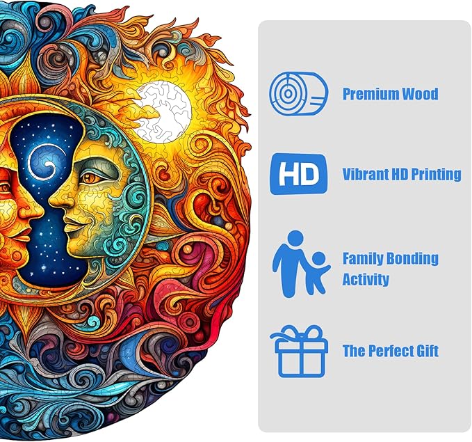 Wooden Jigsaw Puzzle 500 Pieces for Adults - Circular Celestial Sun & Moon Art Puzzle with Intricate Swirl Patterns, Challenging Family Leisure Game, Unique Home Decor & Gift Idea
