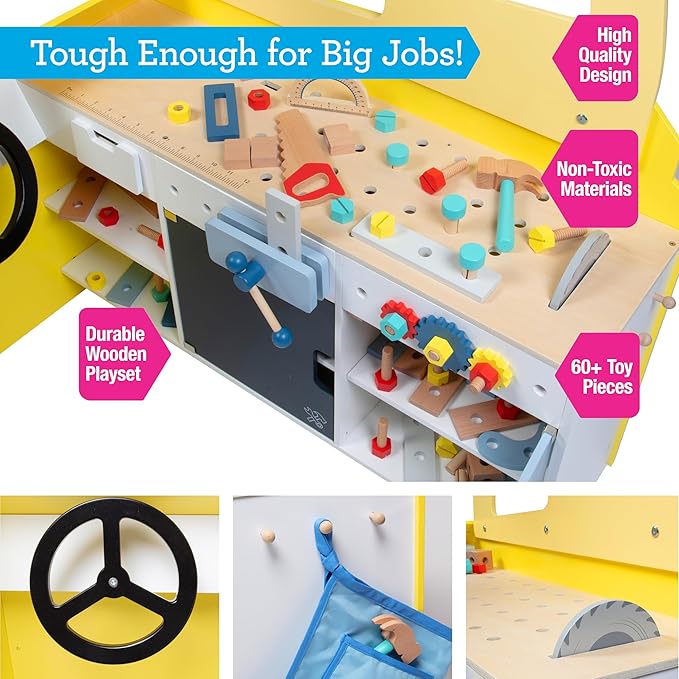 Construction Truck Wooden Playset w 60+ Toy Pieces- Pretend Hammer Saw Bolts, Screws- Spinning Turn Saw, Steering Wheel, Wood to Pull Apart- Dual Sided Stand Center, Workbench Building Kids Xmas Gift