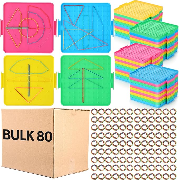 Lenwen 80 Pcs Double Sided Geoboard Math Manipulatives Geoboard with Rubber Bands 6.3 Inch Plastic Educational Graphical Toy for Learning Creativity